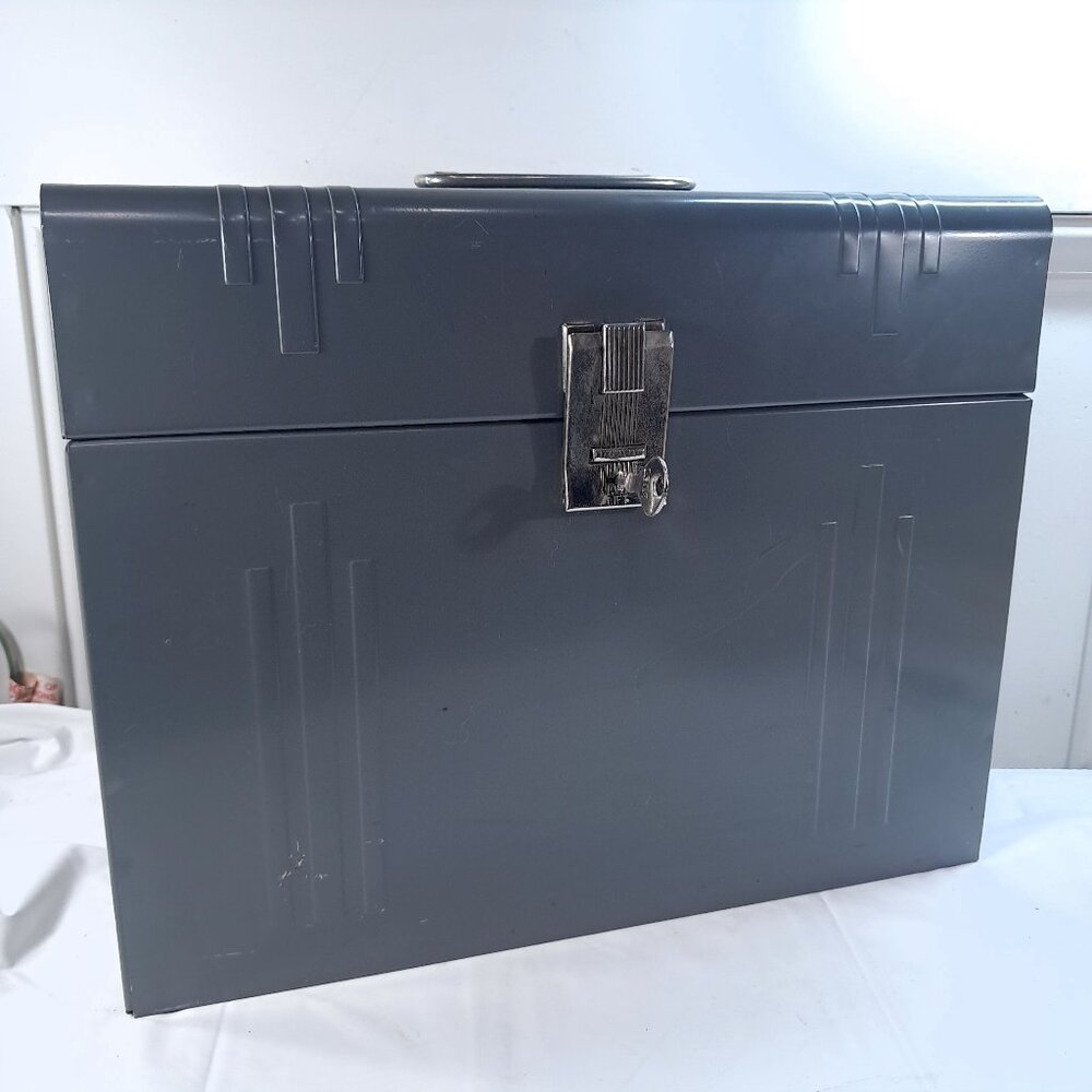 Vintage ACORN Metal File Storage Box Lock Key Art Deco silver grey filebox case